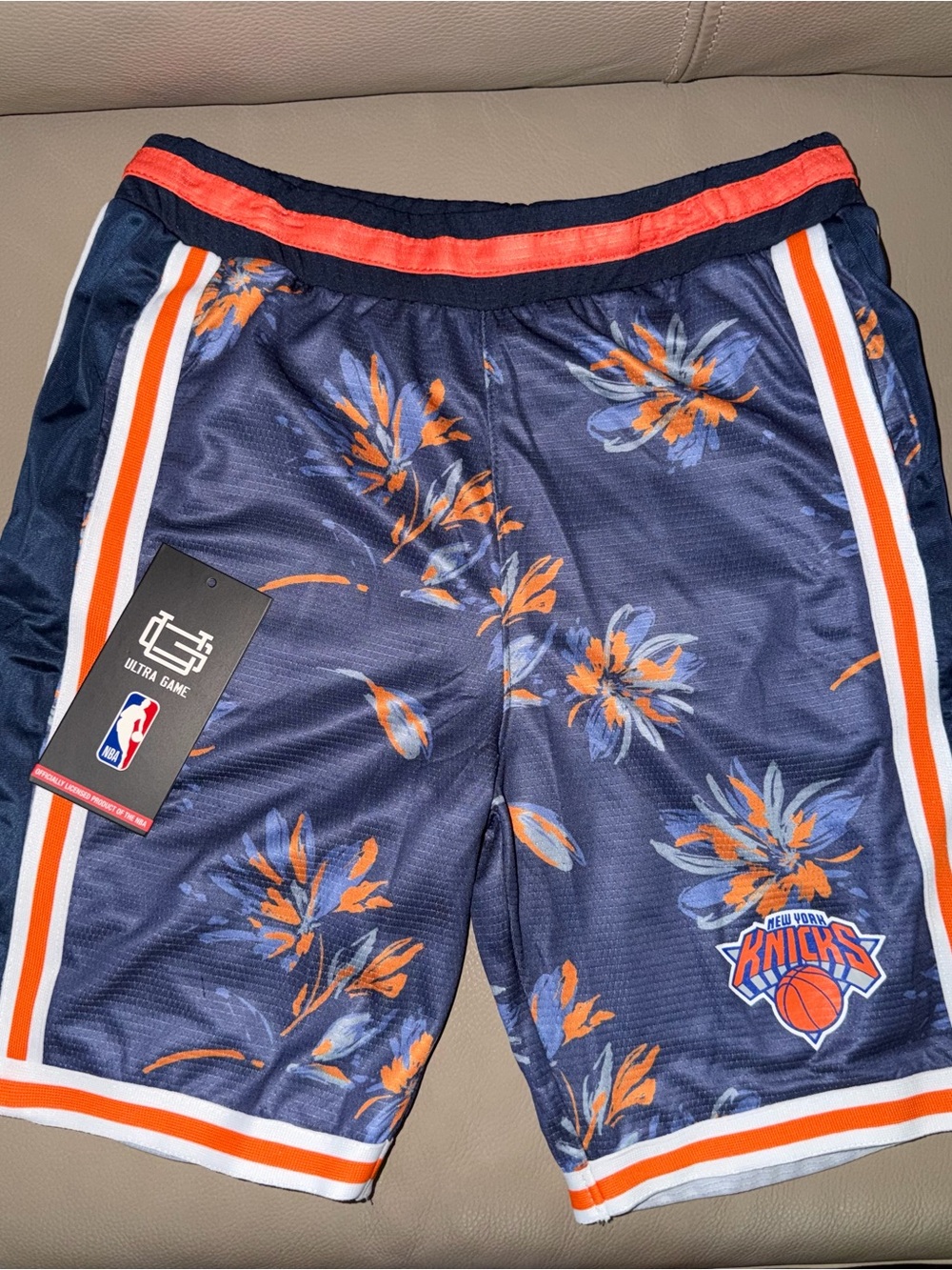 NBA Ultra Game Boys Navy Blue and Orange Floral New York Knicks Shorts